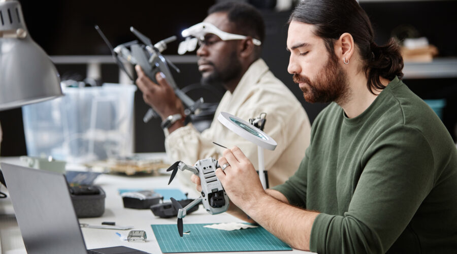 Side view portrait of bearded man inspecting drone with magnifying glass sitting at workstation in tech repair shop, copy space
